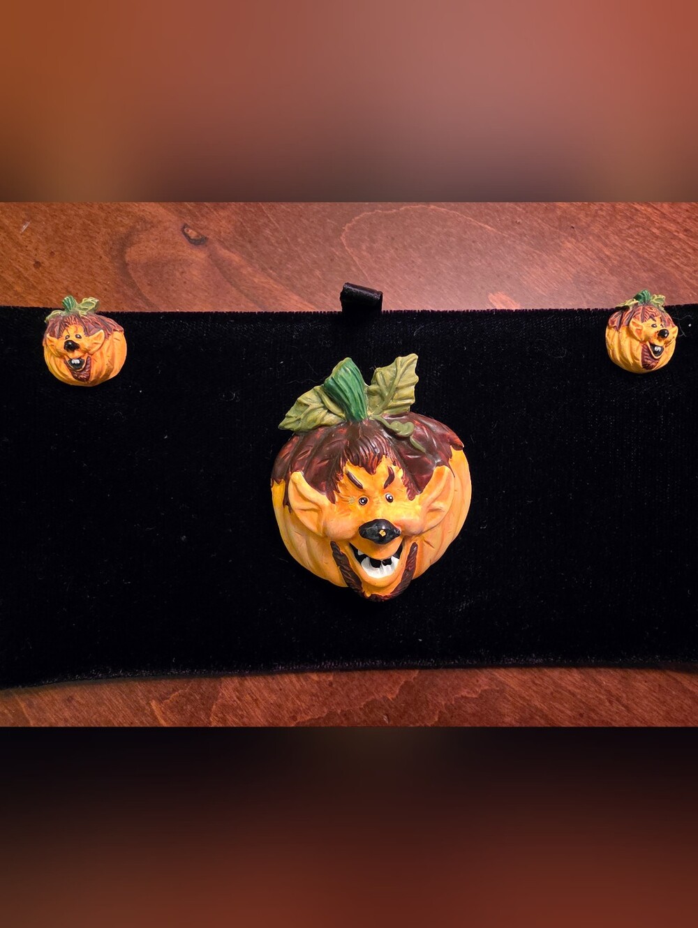 Vintage Halloween Pumpkin Face Brooch and Earrings Set - Orange